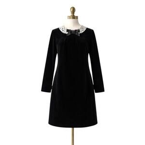 vtg 70s Connie Sage Black Structured Velvet Lace Collar Midi Shift Dress Small
